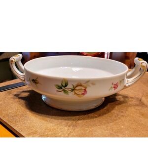 Vintage Porcelain Serving Bowl Floral Rose Gold Trim Handles‎ Pedestal